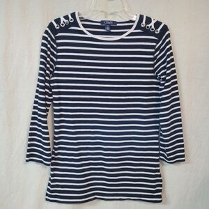 Chaps Navy & White Striped Top Womens SMALL Nautical Coastal Vacation Preppy